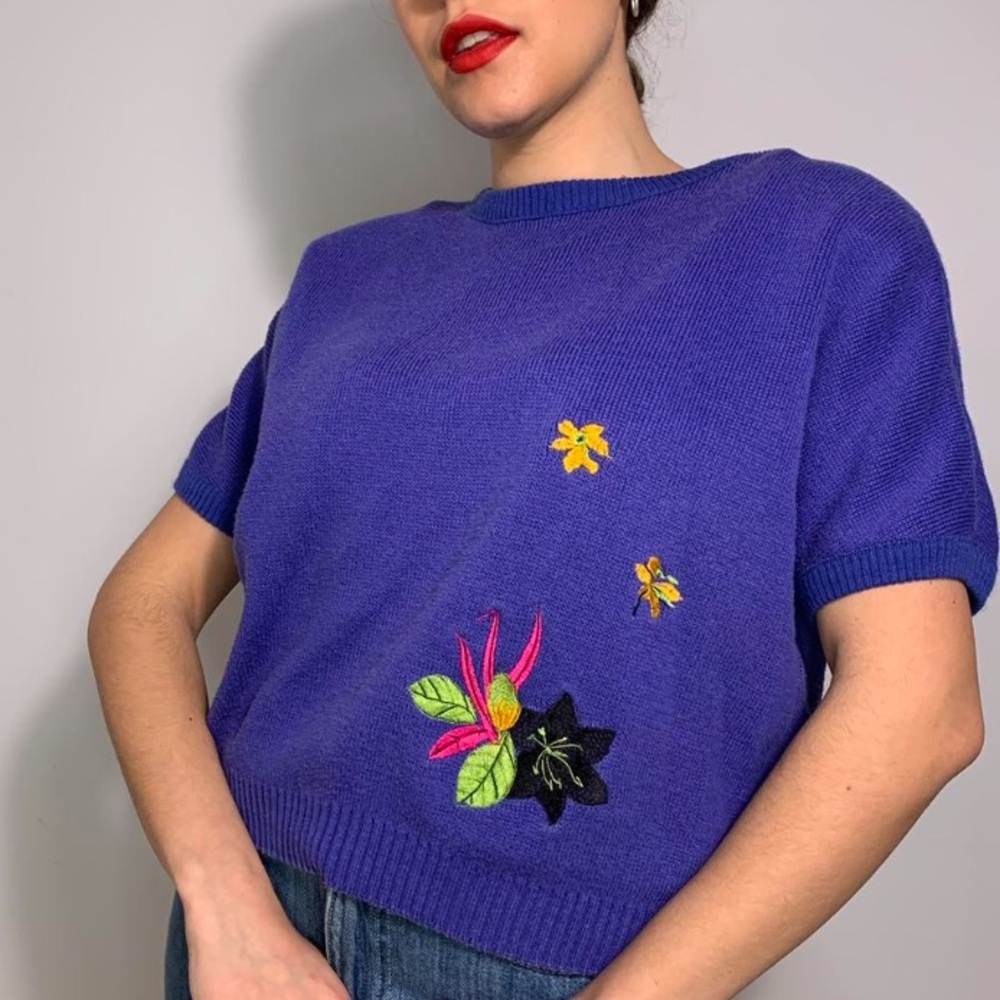 VINTAGE LILIAC KNIT FLOWER EMBROIDERED  BIGGEST PUFFY SHORT SLEEVE SWEATER